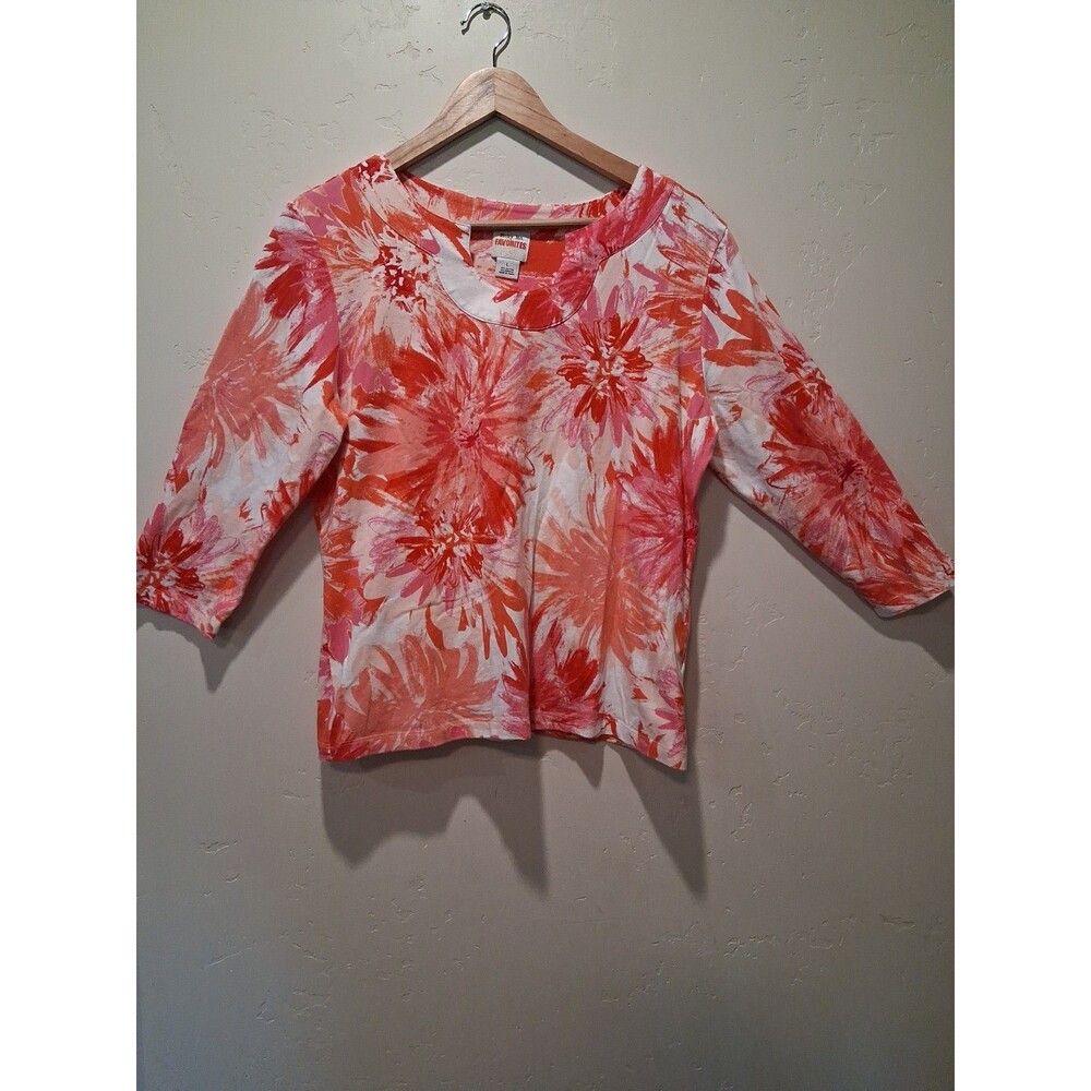 Ruby Rd. Favorites Womens Size L 3/4 Sleeve Top Pink Orange Floral Print Stretch